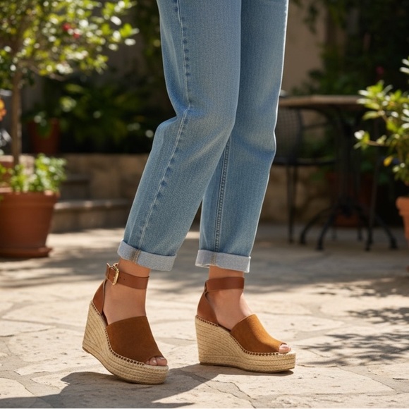 NWOT MARC FISHER Adalyn Platform Wedge Leather Espadrille Sandals Brown 9.5M - Picture 1 of 13